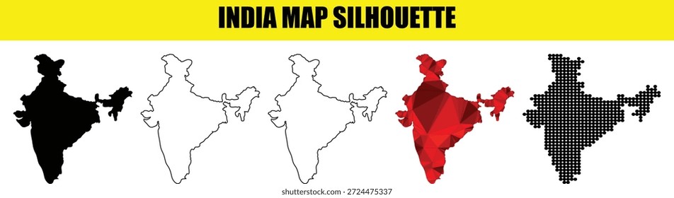 Extenso conjunto de Vectores del mapa del país de la India que incluye relleno negro sólido y fondo blanco y malla geométrica roja vibrante para lecciones de geografía asiática y Materiales promocionales de viaje