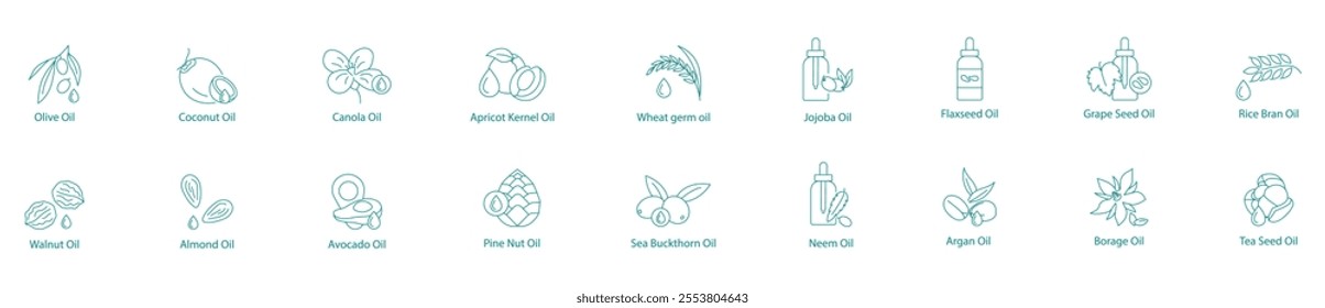 Extensive Wellness Oils Vector Icon Set Olive, Coconut, Canola, Apricot Kernel, Wheat Germ, Jojoba, Flaxseed, Grape Seed, Rice Bran, Walnut, Almond, Avocado, Pine Nut, Sea Buckthorn, Neem, Argan, Bora