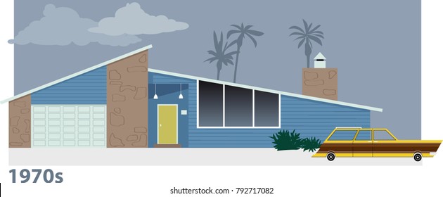 Exterior Of 1970s Modern Suburban Home With A Station Wagon In Front Of It, EPS 8 Vector Illustration. The Scene Drawn From Imagination, No Actual Product Depicted