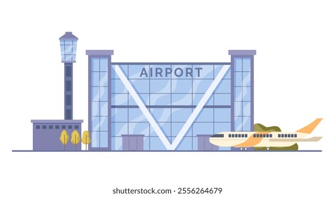 Exterior of airport building with windows, modern design, and observation tower. Vector flat cartoon, isolated terminal for traveling passengers. Takeoff path with aircraft ready for departure