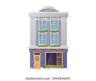 Exterior and architecture of a modern multi-storey building. Residential cartoon house in a classic style, decorated with Christmas garlands and wreaths. Vector isolated illustration.