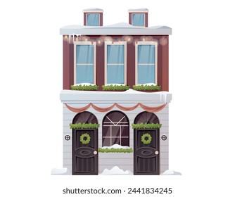 Exterior and architecture of a modern multi-storey building. Residential cartoon house in a classic style, decorated with Christmas garlands and wreaths. Vector isolated illustration.