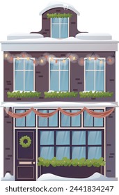 Exterior and architecture of a modern multi-storey building. Residential cartoon house in a classic style, decorated with Christmas garlands and wreaths. Vector isolated illustration.