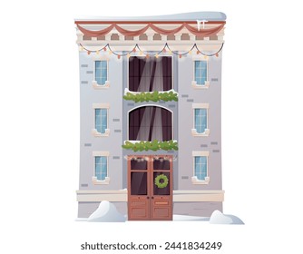 Exterior and architecture of a modern multi-storey building. Residential cartoon house in a classic style, decorated with Christmas garlands and wreaths. Vector isolated illustration.