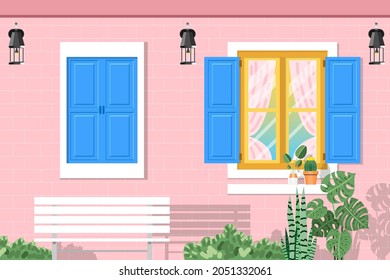 Exterior of architecture with window and plant in pot on pink brick wall background.