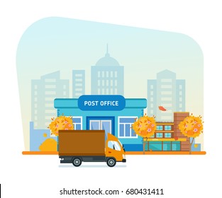 Exterior of autumn post office, office building, autumn city street, transport, background, service. Post office service with postman riding car for delivery. Vector illustration isolated.