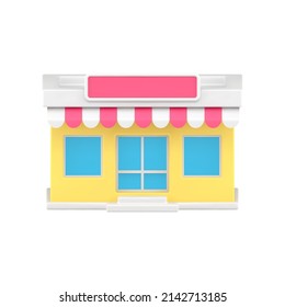 Exterior awning local store front view 3d icon realistic vector illustration. Street retail building commercial service with showcase entrance window isolated. Supermarket facade business storefront
