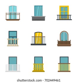 Exterior balcony icon set. Flat set of 9 exterior balcony vector icons for web isolated on white background
