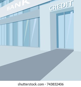 Exterior of the bank building facade, with glass wall and door, with inscription Credit. Three quarter view. Simplistic realistic comic art style. Vector illustration