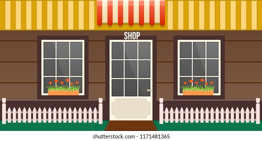 Exterior of cafe showcase, store building, landscape appearance of city streets, facade of boutique building, trading house. Supermarket with glass showcase, exterior of premise. Vector illustration.