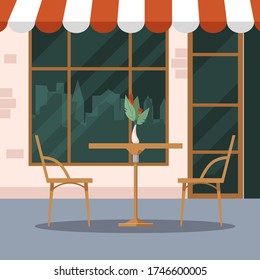 Exterior of the cafe. A table and two wooden chairs. Street space. Isolated on a white background. Vector illustration.