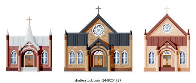 Äußeres der katholischen oder protestantischen Kirche Set. Kollektion der Kleinen Kathedrale im gotischen Stil. Kapelle mit Turm mit Kreuz isoliert. Vorort- oder Dorfkirchenkonzept. flache Vektorillustration