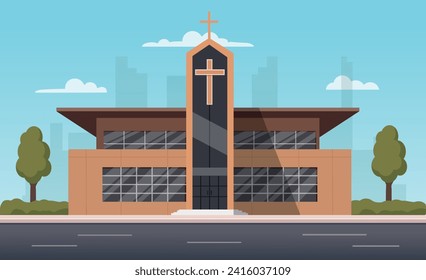 Exterior church building, front view. Modern church on a street in summer in flat style. Vector stock