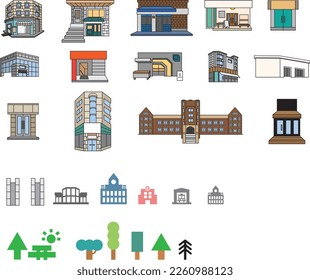 the exterior of city buildings, City Building,Flat Building Icon Set,Isolated Collection