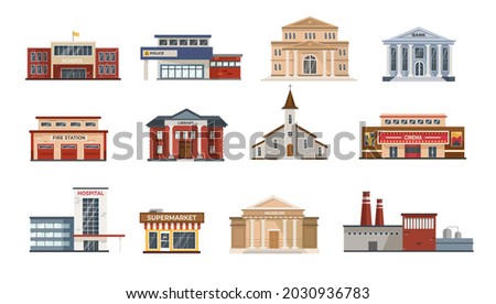 Exterior of city buildings flat vector illustrations set. Modern facades of town hall, museum, fire and police station, hospital, school isolated on white background. Government, architecture concept