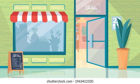 Exterior del interior de los cafés de la ciudad, cartel de diseño de dibujos animados planos. Puerta abierta, escaparate de café, macetas de plantas al aire libre, cartel de menú. Fachada de un edificio de cafetería. Ilustración vectorial del fondo web