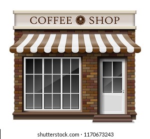 Exterior Coffee Boutique Shop Or Cafe Brick Texture. Blank Mockup Of Stylish Realistic Coffee Street Shop. Small 3d Store Front Facade. Vector Illustration