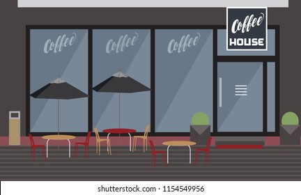 Exterior of coffee house with garden restaurant, tables and chairs under umbrellas, with window and door - vector