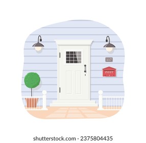Exterior concept for house entrances. Cute white vintage front door with glass. Cartoon flat style. Vector illustration
