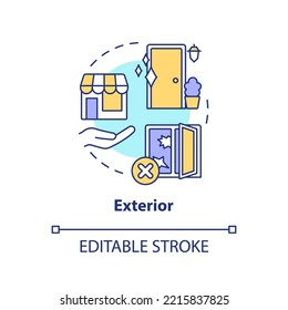 Exterior concept icon. Sense of sight in retail store abstract idea thin line illustration. Outdoor store appearance. Isolated outline drawing. Editable stroke. Arial, Myriad Pro-Bold fonts used