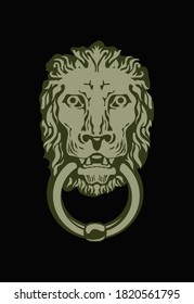 Exterior decor element. Old house. Door ring in the form of a lion's head. Vector image for logo and illustrations.