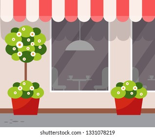 Exterior of eatery, coffeehouse design vector. Outdoor view on restaurant with plants growing in pots, blooming trees with trunk and bushes, coffee store