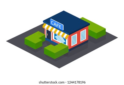 Exterior of facade, building of street cafe, restaurant, with adjacent territory, landscape. Building of city street food cafe, outdoor store fast food, coffee shop, public catering. Isometric vector.