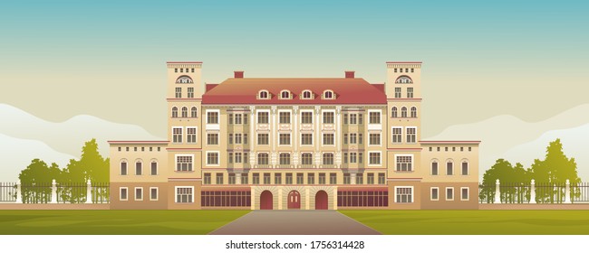 Exterior Facade of a Country Multistory Hotel Ornate Victorian Style Horizontal Vector Illustration