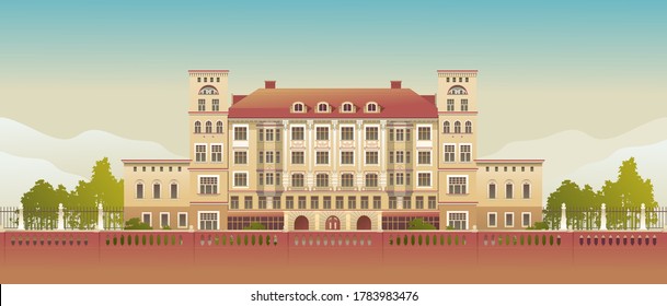 Exterior Facade of a Country Multistory Hotel Ornate Victorian Style Horizontal Vector Illustration