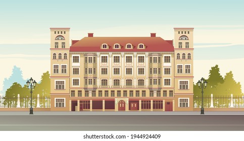 Außenfassade eines mehrstöckigen Landhotels Ornate Viktorian Style Horizontale Vektorgrafik