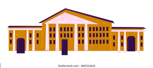 Exterior facade of school, college or university. Isolated icon of educational establishment in city. Building architecture with classrooms and rooms. Campus for students and pupils, vector in flat