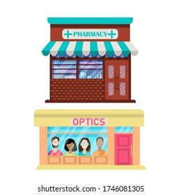 Exterior facades of stone buildings.The facades of the shops. Pharmacy and optics isolated on a white background.Vector illustration in flat style