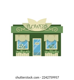 Exterior of flower shop isolated on white background. Shop building facade cartoon illustration. Store windows concept