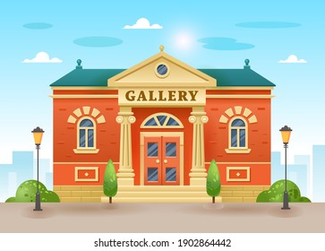 Exterior of a gallery or museum building with title and pillars. Urban architecture. Art Museum of Contemporary Painting. Vector flat illustration