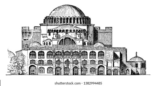 Exterior of Hagia Sophia, basilicas, produce, outlines, magnificent, imposing, vintage line drawing or engraving illustration.