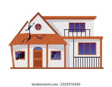 Exterior of house with broken windows and roof cracks flat style, vector illustration isolated on white background. Decorative design element, damage, natural disaster or war, consequences
