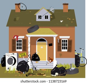 Exterior of a house, covered with garbage, clutter and debris, EPS 8 vector illustration