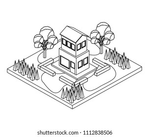 exterior house with landscape isometric icon