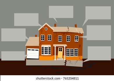 Exterior of a house in need of multiple repairs with empty text bubbles on the background, EPS 8 vector illustration