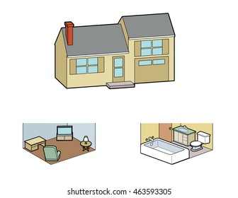 Exterior of house and two room interiors (living room and bathroom), vector illustration.