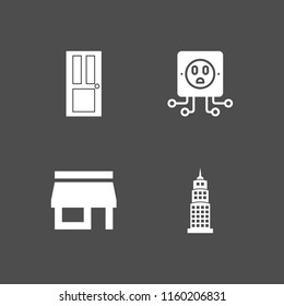 exterior icon. 4 exterior set with front store, door, architecture and city and skyscraper vector icons for web and mobile app