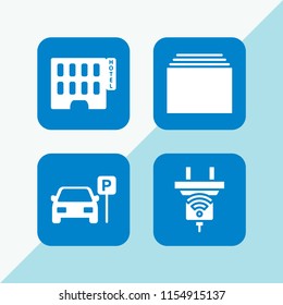 exterior icon. 4 exterior set with parked car, hotel building, architecture and city and new vector icons for web and mobile app
