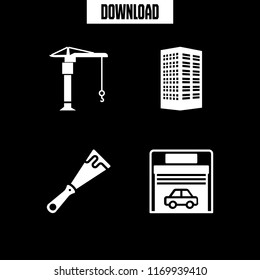 exterior icon. 4 exterior vector set. garage, building tower, scraper and construction crane machine icons for web and design about exterior theme
