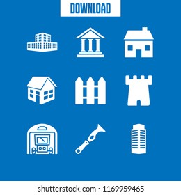 exterior icon. 9 exterior vector set. building tower, house, castle and antique columns building front icons for web and design about exterior theme