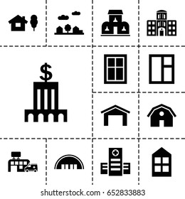 Exterior icon. set of 13 filled exterioricons such as barn, garage, window, hospital, hospital building, city landscape, building, bank