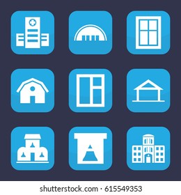 Exterior icon. set of 9 filled exterior icons such as home, barn, window, hospital, hospital building