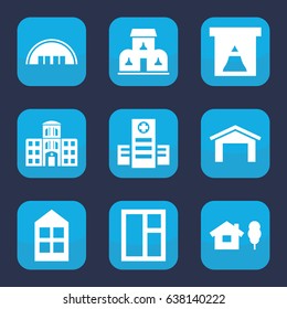 Exterior icon. set of 9 filled exterior icons such as garage, barn, window, hospital, hospital building, building
