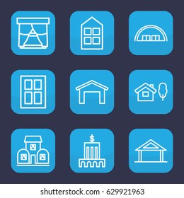 Exterior icon. set of 9 outline exterior icons such as home, garage, barn, window, building, bank