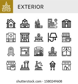 Exterior Icon Set. Collection Of Church, Wooden House, Hospital, Skyscraper, Town Hall, Donut Shop, Wall Lamp, Shop, Window, Parthenon Icons