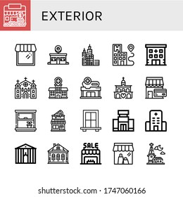 Exterior Icon Set. Collection Of Shop, Donut Shop, Skyscraper, Hospital, Church, Window, Pizza Shop, Shopping Mall, Town Hall, Izba Icons